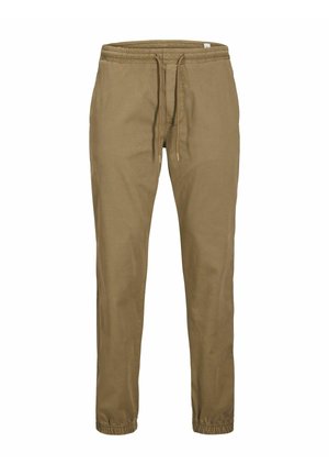 Pantalones caqui con cintura elástica, cierre de cordón, diseño de pierna ajustada y dobladillos rematados. Fabricados con una suave mezcla de algodón.