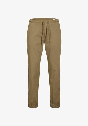 Pantaloni khaki con vita elastica, chiusura con cordino, design a gamba affusolata e orli risvoltati. Realizzati in un morbido tessuto misto cotone.
