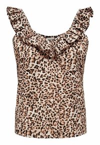 Top s leopardím potiskem a volánkovým výstřihem. Materiál je měkký, světlé barvy s tmavými skvrnami. Bez rukávů, s uvolněným střihem.