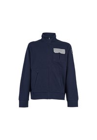 Giacca a zip di colore navy, realizzata in tessuto morbido, presenta una tasca grigia sul petto, due tasche frontali e polsini e orlo a coste per una vestibilità aderente.