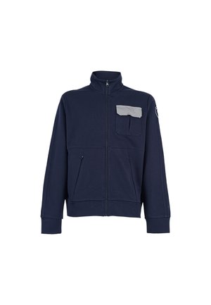 Giacca a zip di colore navy, realizzata in tessuto morbido, presenta una tasca grigia sul petto, due tasche frontali e polsini e orlo a coste per una vestibilità aderente.