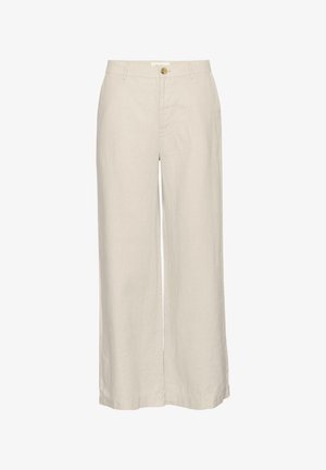 Šviesiai smėlio spalvos plataus kojų lino kelnės su sagų uždarymu, turinčios glotnią tekstūrą ir minimalų siuvimo detalumą ant krašto.