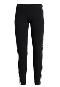 Leggings neri con una texture liscia, caratterizzati da strisce bianche sui lati e un branding discreto sulla parte inferiore della gamba. Include una cintura elastica.