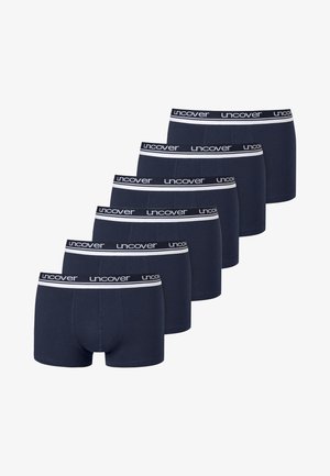Marineblaue Boxershorts im Sechserpack. Aus weichem Stoff gefertigt, mit einem kontrastierenden schwarzen Elastikbund und weißem Markentext.