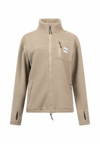 Beige Fleecejacke mit hohem Kragen, Reißverschluss vorne und Brusttasche. Verfügt über eine strukturierte Oberfläche und elastische Bündchen mit Daumenlöchern.