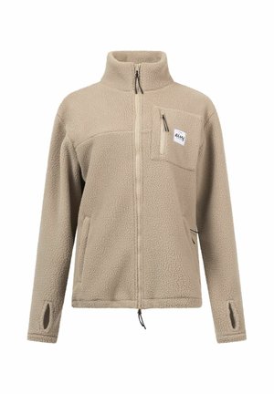 Beige fleecejack met hoge kraag, ritssluiting aan de voorkant en borstzak. Heeft een gestructureerd oppervlak en elastische boorden met duimopeningen.