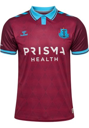 Vinrød fodboldtrøje med blå krave, blå ærmekanter, diamantmønster, sponsor tekst "PRISMA HEALTH" og holdemblem med stjerne på brystet.