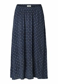 Falda azul marino con cintura elástica y estampado floral. Fabricada en un tejido ligero, presenta un diseño fluido y longitud hasta el tobillo.