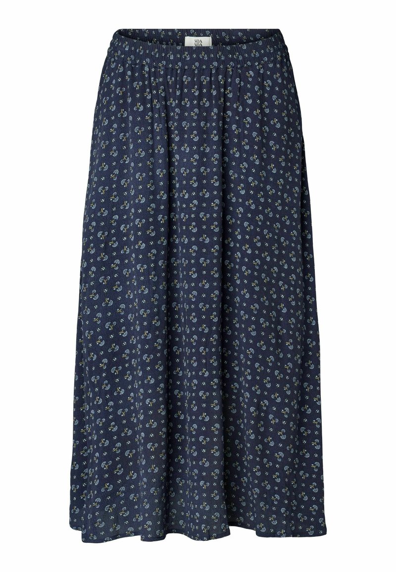 Tummansininen hame, jossa on joustava vyötärö ja kukkakuosi. Valmistettu kevyestä kankaasta, jossa on virtaava muotoilu ja nilkkapituus.