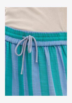 Lightweight blue and green striped fabric with an elastic waistband and a drawstring closure. Textured finish with subtle sheen.