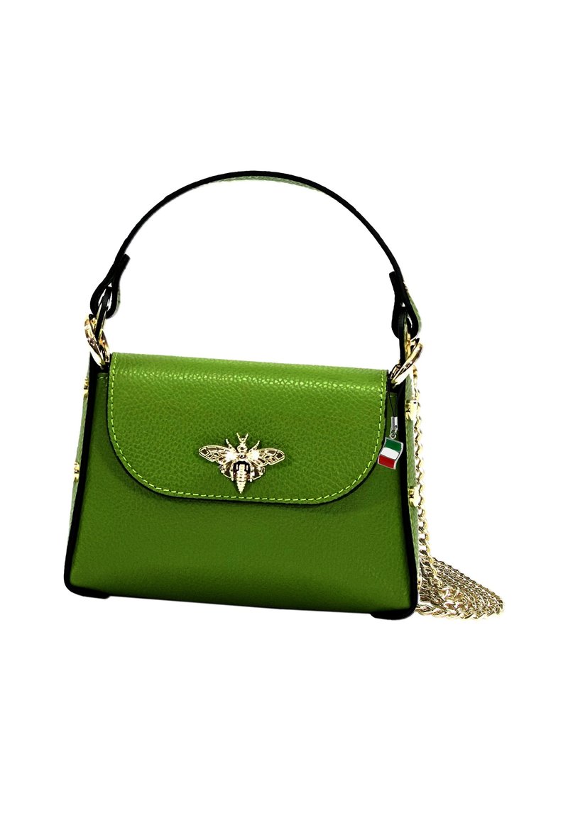 Green leather handbag with black accents, gold bee hardware, and a chain strap. Compact design with a flap closure and visible stitching detail.