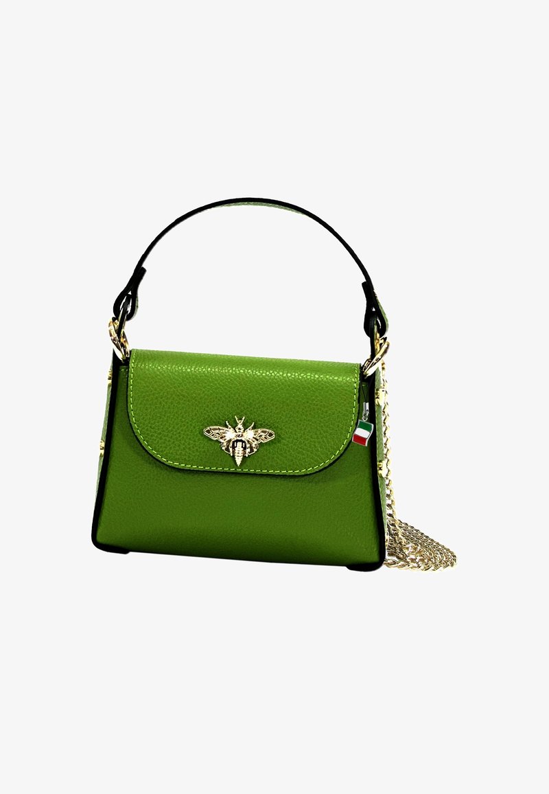 Green leather handbag with black accents, gold bee hardware, and a chain strap. Compact design with a flap closure and visible stitching detail.