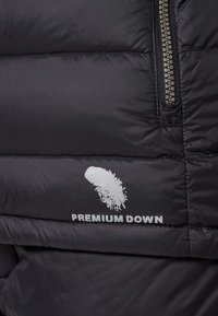 Zbliżenie czarnej pikowanej kurtki z srebrnym zamkiem i białym logo pióra nad napisem „Premium Down”.