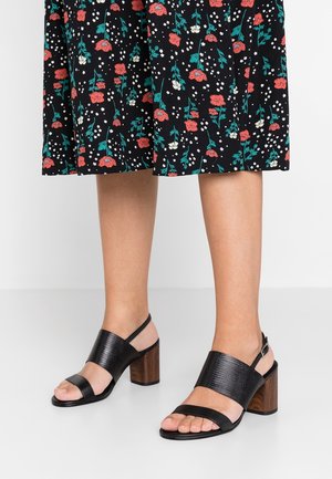 Femme portant des sandales noires à talons blocs ouverts avec des talons effet bois et une jupe midi noire à fleurs.