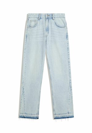 Jeans droits bleu clair avec poches avant, passants de ceinture, fermeture boutonnée, ourlet légèrement effiloché et petites fentes latérales aux chevilles.