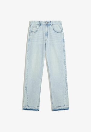 Light blue straight-leg jeans with front pockets, belt loops, button closure, slight frayed hem, and small side slits at the ankles.