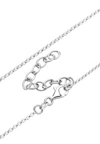 Silberne Metallkette mit ineinandergreifenden ovalen und runden Gliedern. Besitzt einen Karabinerverschluss und ein glattes, poliertes Finish. Mit "925" markiert.