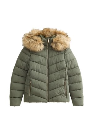 Chaqueta de invierno acolchada de color verde oliva con cremallera frontal, bolsillos con cremallera y una gran capucha con ribete de pelo sintético beige.