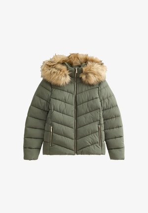 Giacca invernale imbottita verde oliva con cerniera frontale, tasche con cerniera e ampio cappuccio con bordo in ecopelliccia marrone chiaro.