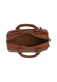 Borsa a tracolla in pelle marrone con due manici e una cerniera aperta che mostra un interno spazioso.
