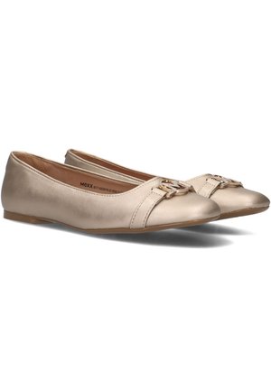 Plat ballet schoenen in metallic goud, met een ronde neus, een gladde afwerking, een decoratieve riem en logo accessoires aan de voorkant.