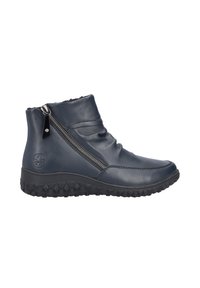 Navy blue ankle boots made of leather, featuring a side zipper, textured black rubber sole, and gathered upper design for a refined look.