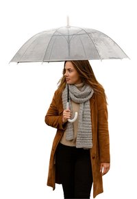 Durchsichtiges, klares Regenschirm, gehalten von einer Person in einem braunen Mantel, grauem Strickschal und dunklen Hosen. Der Regenschirm hat einen gebogenen weißen Griff.