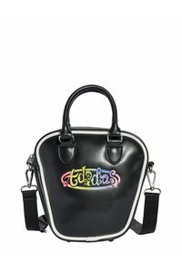 Black faux leather bag with a rounded shape, featuring a colorful "Adidas" logo, top handles, and an adjustable shoulder strap. White accent trim.