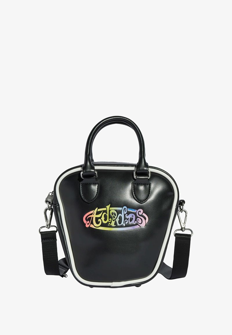 Black faux leather bag with a rounded shape, featuring a colorful "Adidas" logo, top handles, and an adjustable shoulder strap. White accent trim.