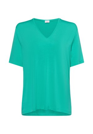 V-Ausschnitt, kurzärmliges T-Shirt in lebhaftem Türkis. Weicher, glatter Stoff mit lockerer Passform. Flacher Saum, ohne sichtbare Muster oder Hardware.