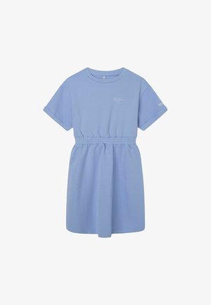 Jasnoniebieska sukienka z krótkim rękawem, z elastycznym pasem, z miękkiego materiału bawełnianego oraz subtelnym logo na piersi. Luźny krój w kształcie litery A.