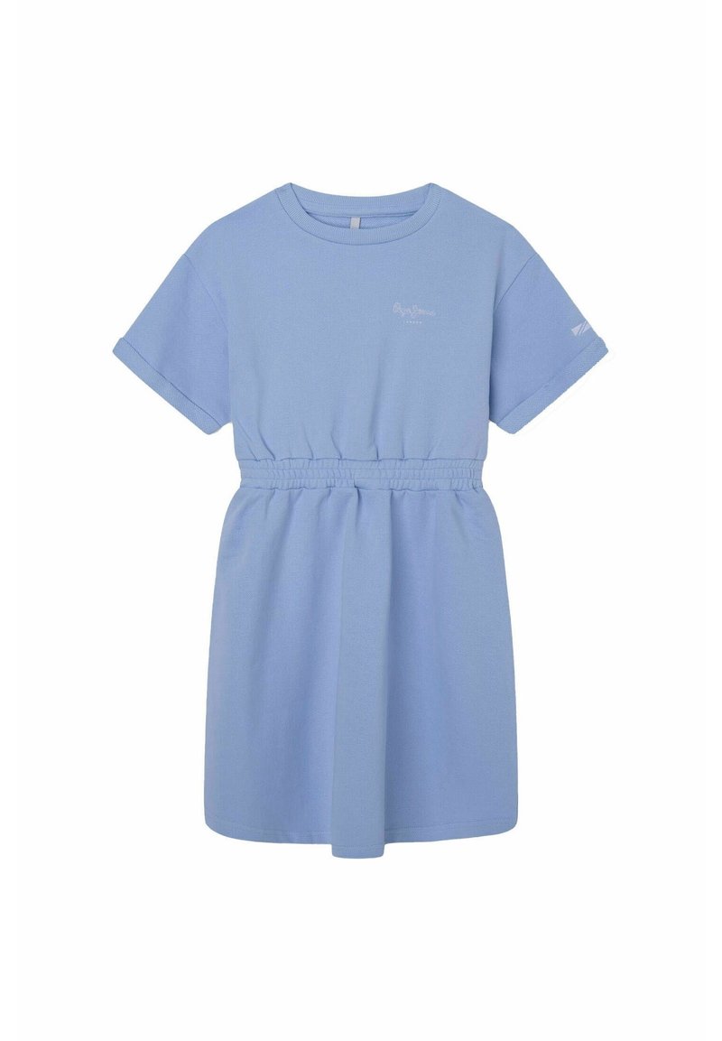 Světlomodré šaty s krátkým rukávem, elastickým páskem, měkkým bavlněným materiálem a decentním logem na hrudi. Ležérní A-čkový střih.