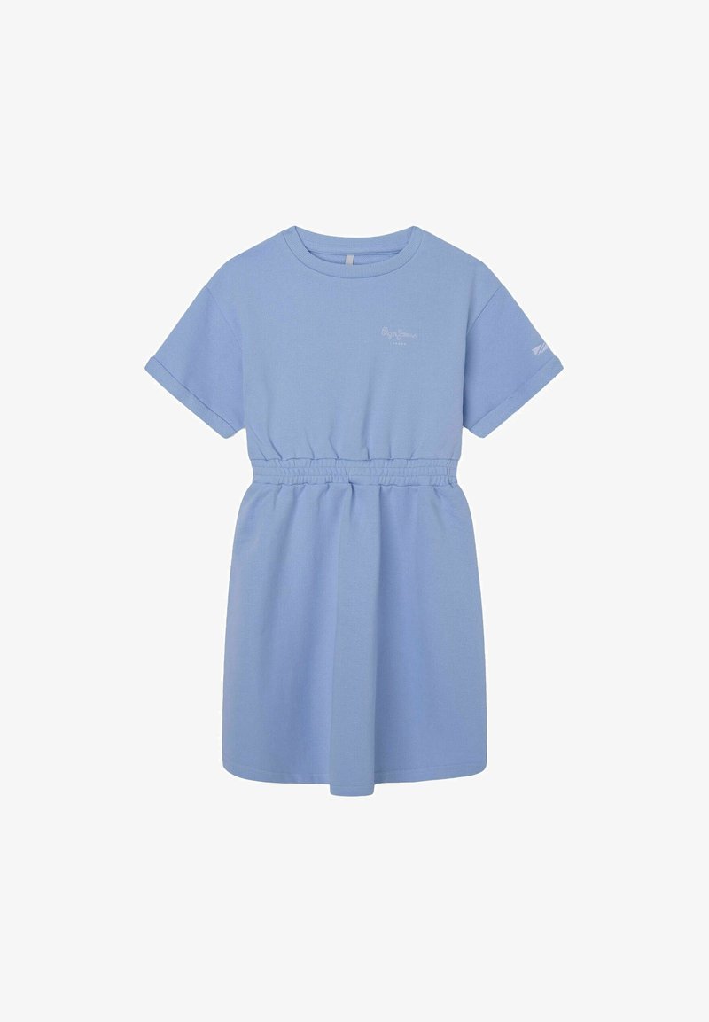 Světlomodré šaty s krátkým rukávem, elastickým páskem, měkkým bavlněným materiálem a decentním logem na hrudi. Ležérní A-čkový střih.