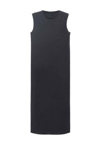 Schwarzes ärmelloses Kleid, knielang, aus glattem Stoff. Hat einen Rundhalsausschnitt und ein einfaches Design ohne Verzierungen oder Muster.