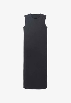 Črna brezrokavna obleka, do kolen, narejena iz gladkega materiala. Ima okroglo ovratnik in preprost dizajn brez okraskov ali vzorcev.