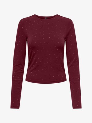 Haut bordeaux à manches longues en tissu lisse, avec un col rond et des points argentés éparpillés en détail. Coupe ajustée avec un ourlet droit.