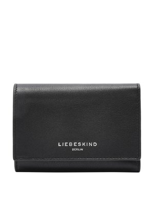 Schwarze Lederbörse mit glatter Oberfläche. Verfügt über ein Klappdesign und ein silbernes "LIEBESKIND BERLIN"-Logo auf der Vorderseite.