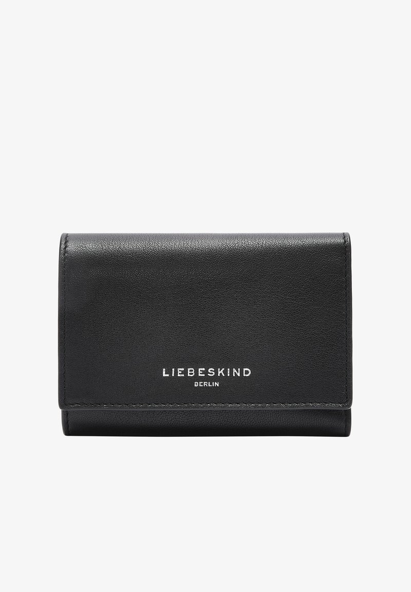 Czarny skórzany portfel o gładkiej fakturze. Posiada składany design i srebrne logo "LIEBESKIND BERLIN" z przodu.