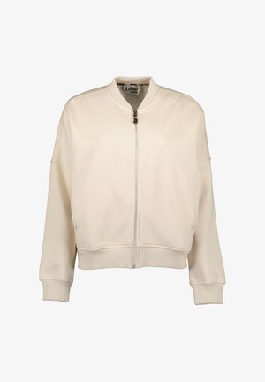 Veste bomber crème avec fermeture éclair à l'avant, poignets et ourlet côtelés, fabriquée en tissu doux. Présente un col rond et des détails de couture subtils.