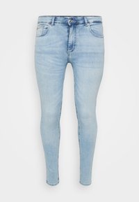 Světle modré skinny džíny vyrobené z denimu, obsahující zipový přední otvor, pět kapes a jemně vybledlý efekt, s prošitým lemem a klasickým designem.