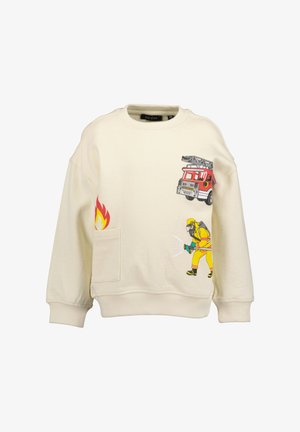 Crème-kleurig kinder sweatshirt met een brandweerauto, brandweerman die water spuit en vlammen gedrukt op de voorkant.