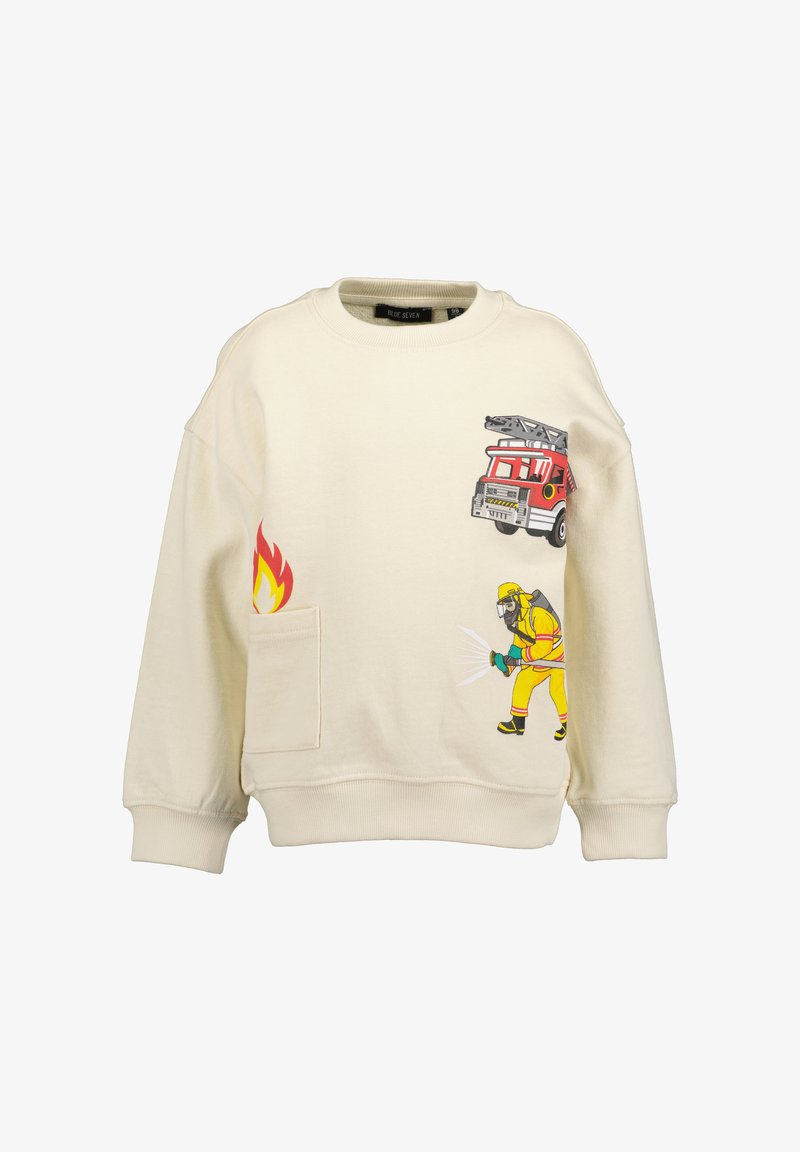 Sweat-shirt pour enfants couleur crème avec un camion de pompier, un pompier pulvérisant de l'eau et des flammes imprimés sur le devant.
