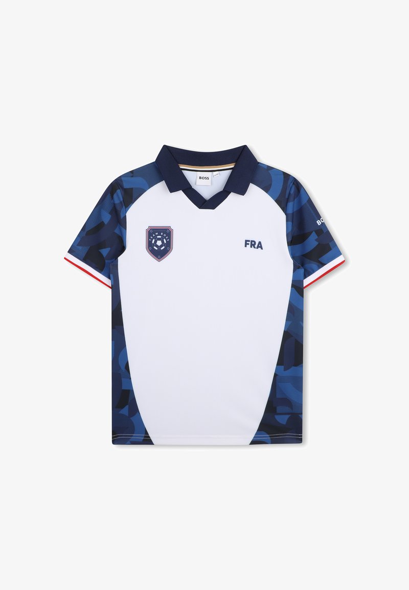 Polo blanc avec des manches à motif bleu marine. Il présente un col bleu marine et un accent rouge sur les manches. Affiche "FRA" et un logo écusson.