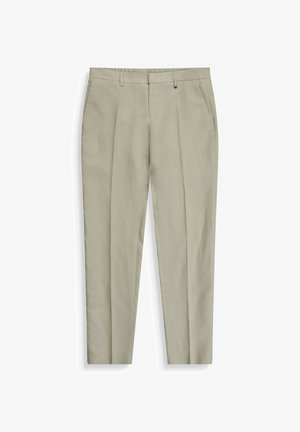 Beige skræddersyede bukser med frontplisser, sidelommer, bæltestropper og en lige pasform, designet til formelt eller afslappet brug.