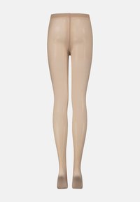 Gennemsigtige, nude strømpebukser med en glat tekstur, transparent finish og forstærket talje. Designet til at sidde tæt om benene, letvægtsstof.