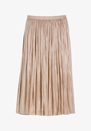 Beżowa plisowana spódnica midi z elastycznym paskiem i błyszczącą teksturą tkaniny, zaprojektowana z myślą o modzie damskiej.