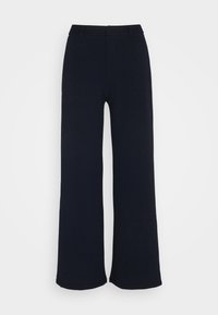 Pantalon noir taille haute à jambes larges avec passants de ceinture et devant lisse, présenté sur fond blanc.