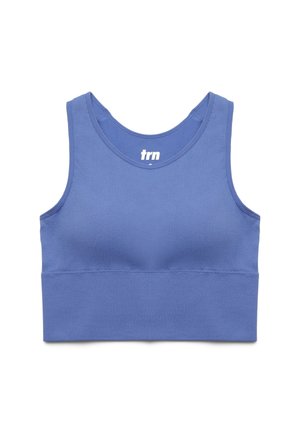 Reggiseno sportivo blu con texture a costine, spalline larghe e design aderente. Presenta una scollatura tonda e un logo "trn" sul davanti.