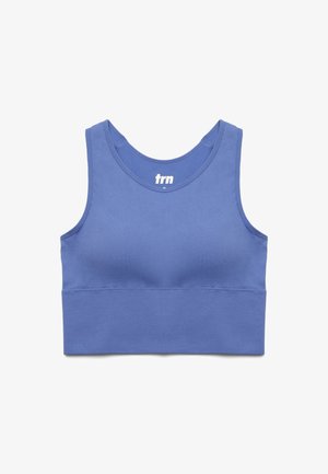 Reggiseno sportivo blu con texture a costine, spalline larghe e design aderente. Presenta una scollatura tonda e un logo "trn" sul davanti.
