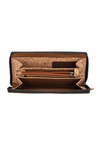 Ritsportemonnee met een zwarte buitenkant en een natuurlijke kurken binnenkant, voorzien van kaartsleuven, een ritszak en een soepele textuur.